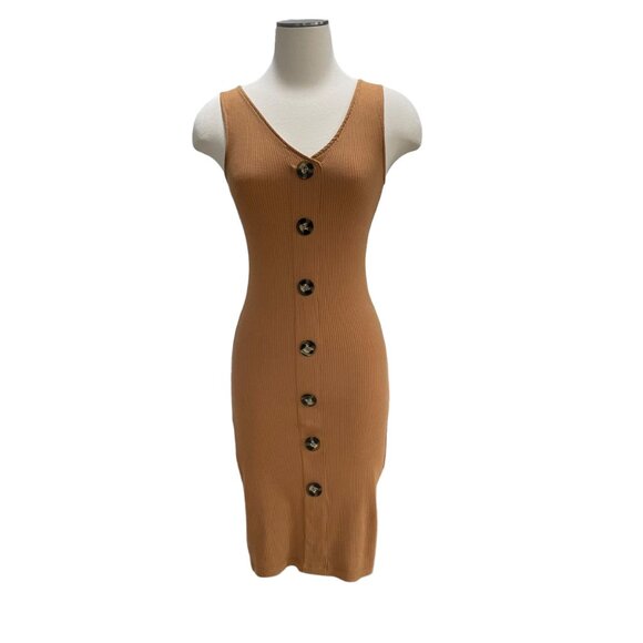 Derek Heart Tan Ribbed Button Front Dress S Bodycon Summer Beach Vibes Casual - Picture 3 of 8